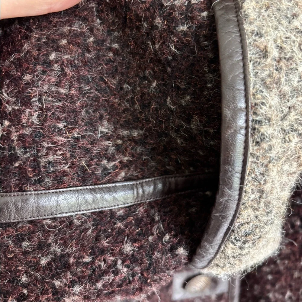 Vintage Made In Japan Women's Brown Wool Leather Trim Coat L - Picture 6 of 9